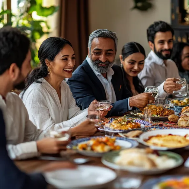 Professionals enjoying a meal, showcasing corporate catering.